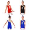Girls Sheer Mesh Leotard Rhinestones Shorts Hair Tie Headwear Dance Figure Skating Gymnastics Outfit Set