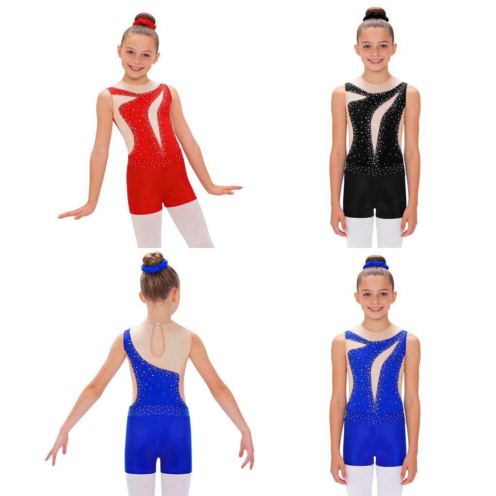 Girls Sheer Mesh Leotard Rhinestones Shorts Hair Tie Headwear Dance Figure Skating Gymnastics Outfit Set