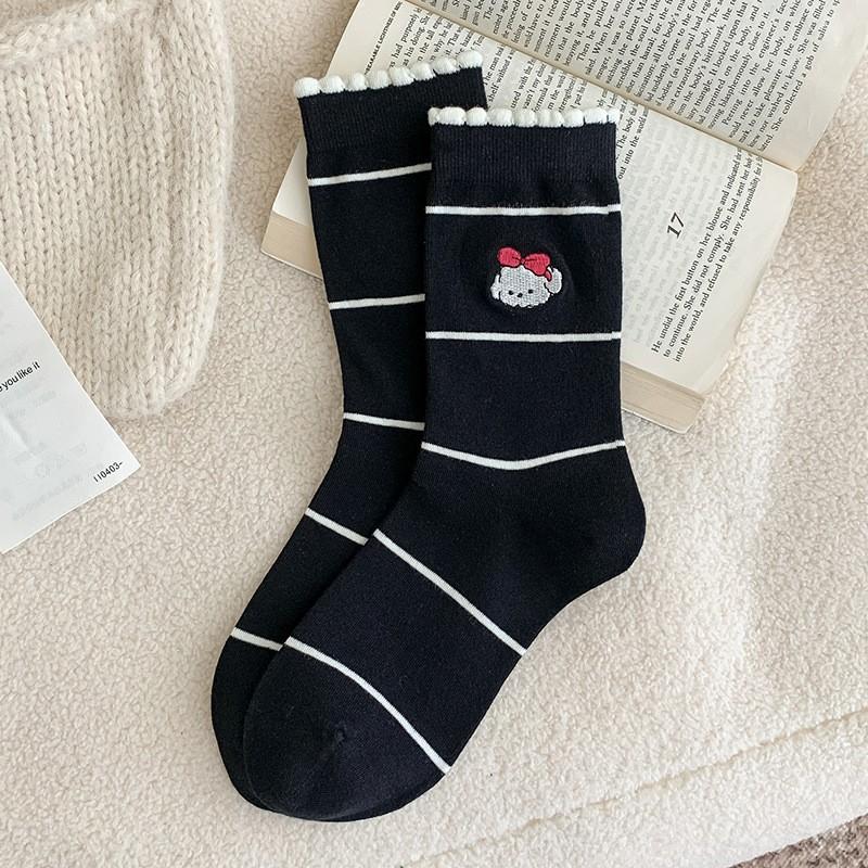Socks Medium Tube Socks Season Cotton Embroidery Puppy Cute Cartoon Lace Bubble Mouth Striped Stacking Socks Women