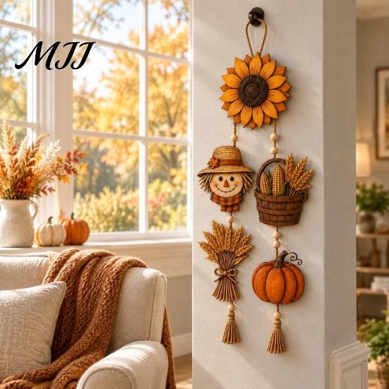 Harvest Atmosphere Wall Hanging Autumn Wooden Sign, Rustic Farmhouse Door Sign with Tassels and Wood Beads, Seasonal Indoor Outdoor Fall Porch