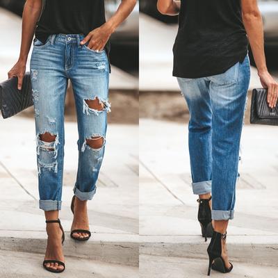 Mode damen loch gerade jeans weibliche getragen kleine bein hosen neue hosen