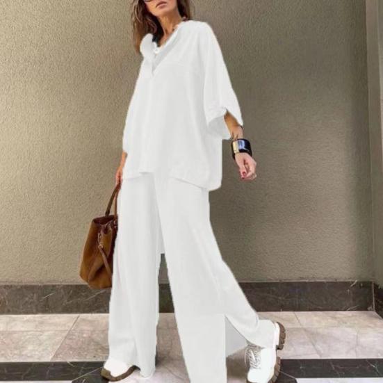 Women's Two-Piece Outfit Oversized 3/4 Sleeve Pullover Top And Wide Leg Pants Set Fall Casual Loose Lounge Set