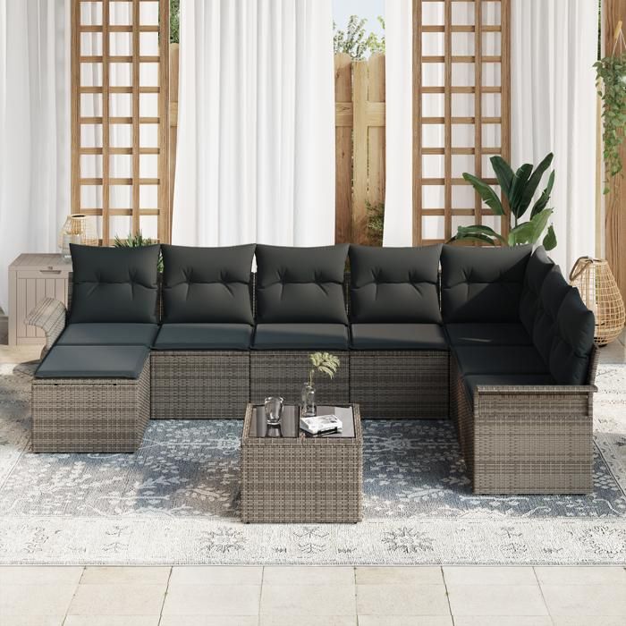VidaXL Ensemble de Canapés de Jardin 8 Pièces avec Coussins Gris Poly Rattan 3345489