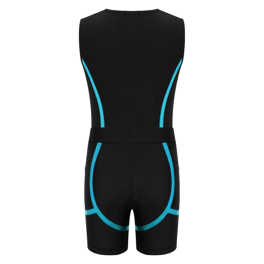 Boys Shiny Contrast Leotard Sleeveless Press Button Crotch Shorts Gymnastics Outfit