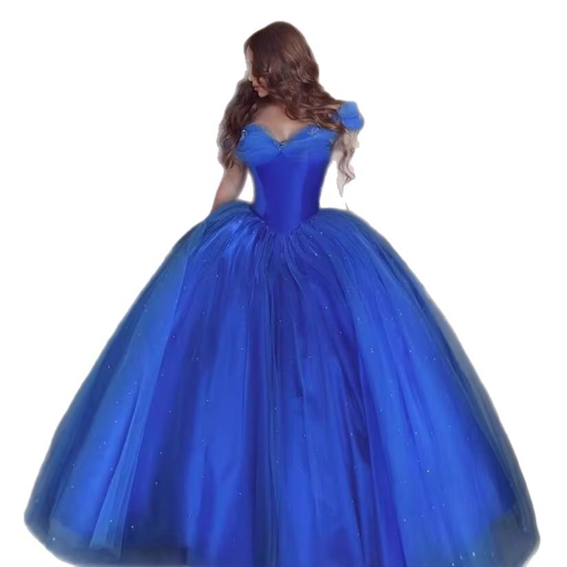 Cinderella Evening Dress 1011 New Blue Dress Ball Shoulder Fluffy Tulle Party Dress