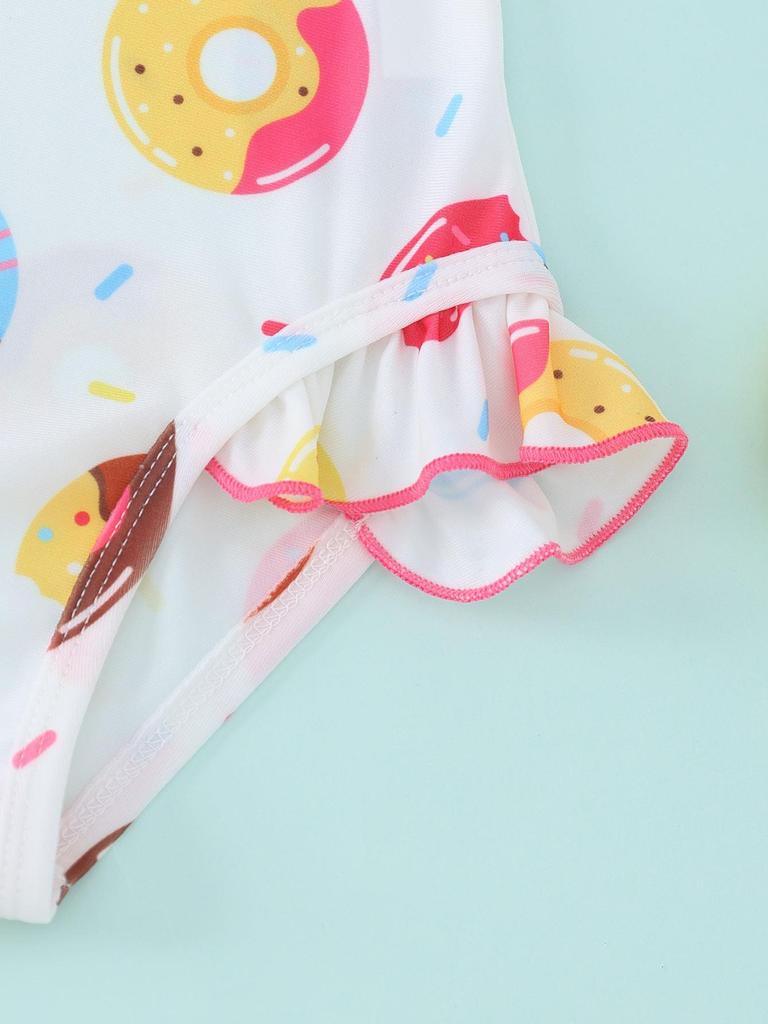 One Piece Swimsuit for Little Girls, Sleeveless Ruffle Donut Print Bathing Suit for Kids 1-8 Years