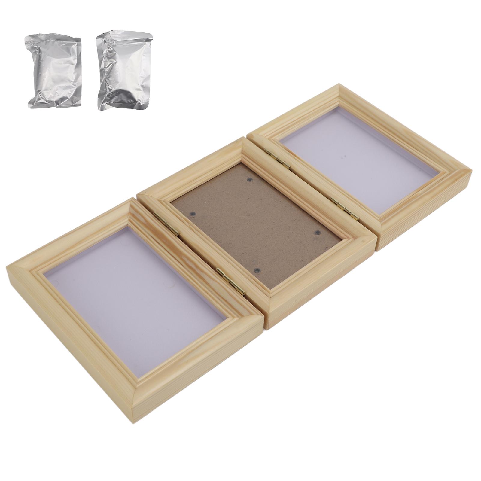 

Pet Memorial Frames Cat Dog Paw Print Keepsake Triple Folding Photo Frame with Clay for Cats DogsWhite Mud Crude Wood