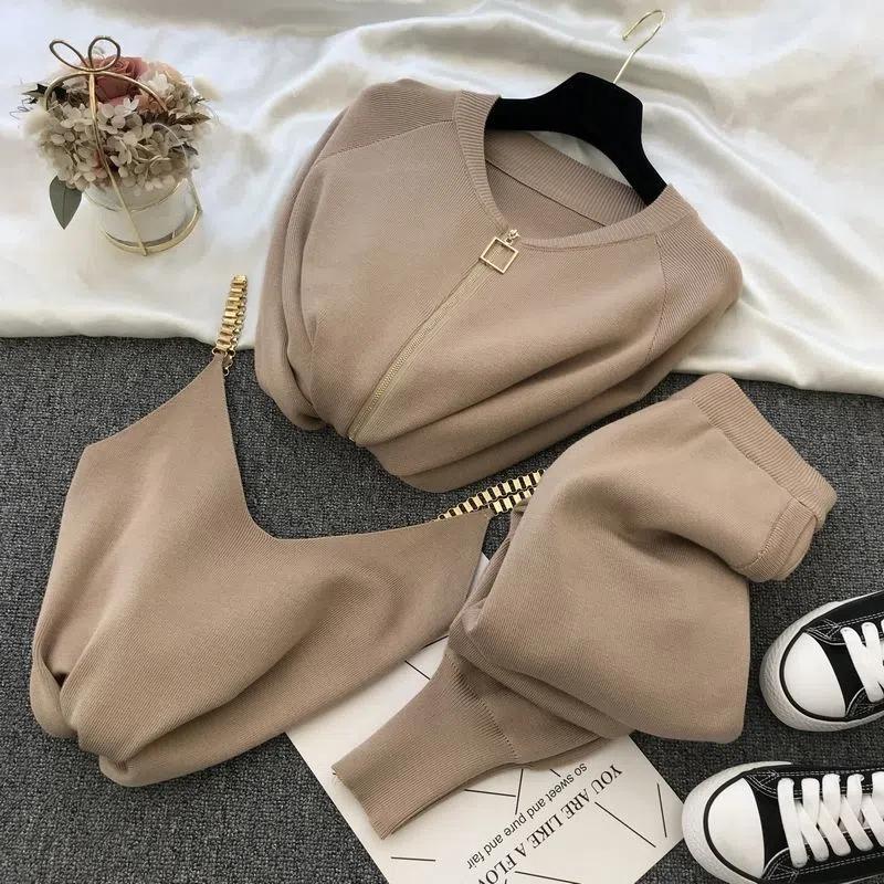 Women Zipper Knitted Cardigans Sweaters + Pants + Chain Vests Three-Piece Set Lady Jumpers Trousers Costumes Outfit Suit