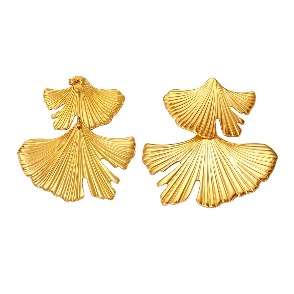 High-End Textured Metal Ginkgo Leaf Dangle Earrings - Unique Pleated Design