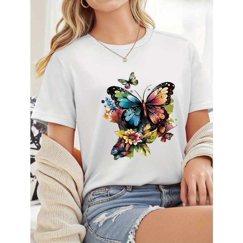 

European sizes Women S Vibrant Floral Butterfly Print Short Sleeve T-Shirt - Casual Round Neck, Lightweight & Breathable S белый