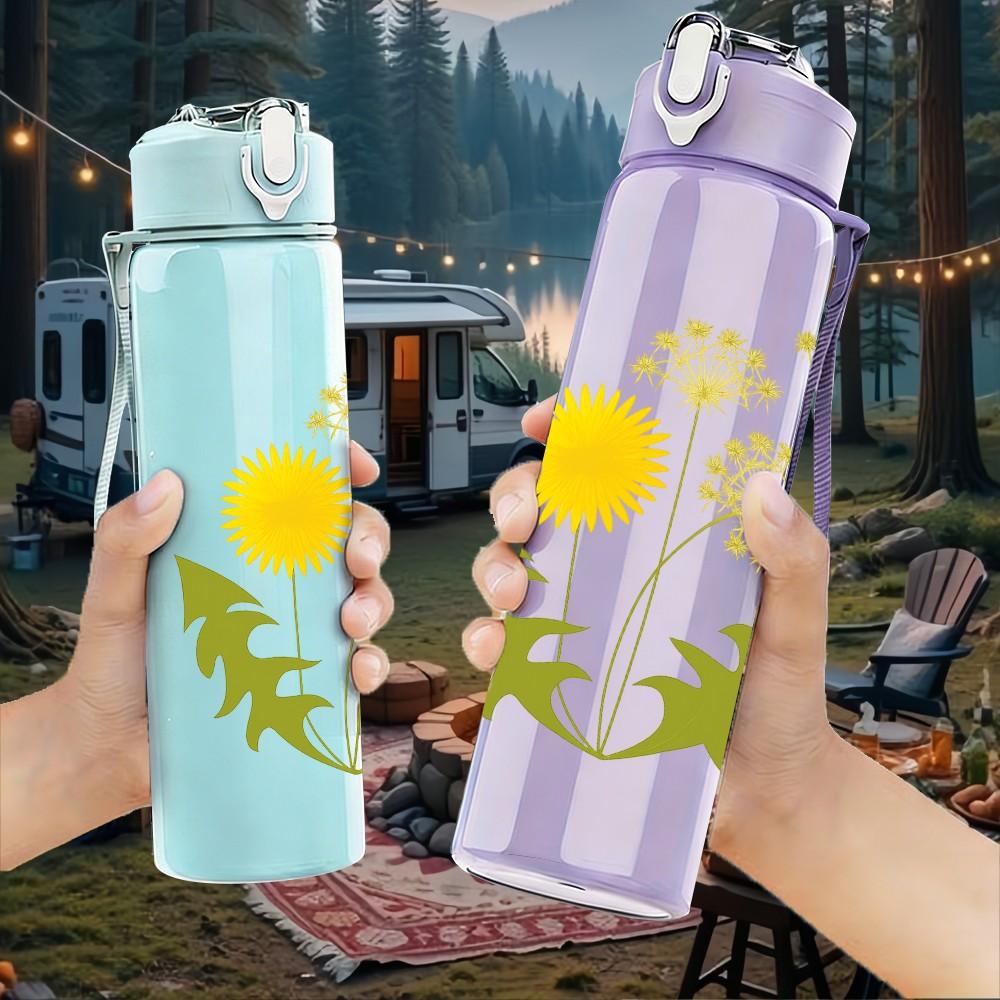 1PC Dandelion Floral Art 750ml Color Plastic Sports Water Bottle Leakproof Flip Straw Lid Suitable for Sports Office Home Use