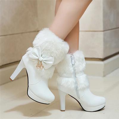 Mode Damen Wintermode 2024 High Heel Stiefel Rosa Weiß Schwarz Fell Quaste Bowtie Schöne Lolita Damen Party Hochzeit Schuhe