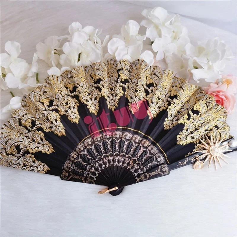 

Lolita Cosplay Hand Held Fan Gothic Angel Wing Feather Rose Bead Chain Lace Flower Black Folding Fan Dance Photo Props Halloween One Size