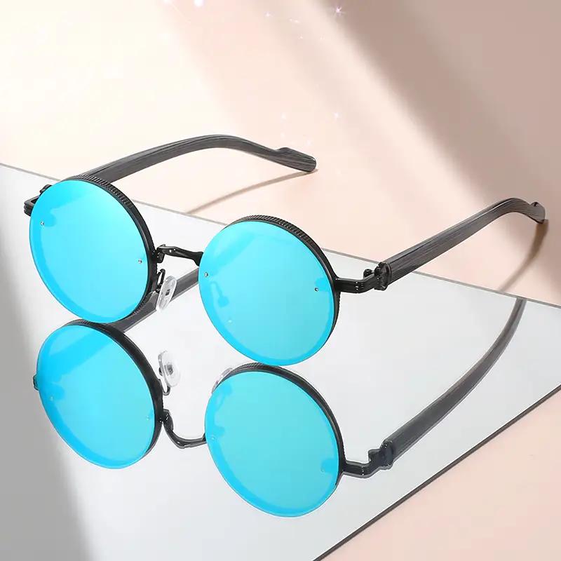 Women's Vintage Round Fashion Glasses with Punk Metal Frame & Tortoiseshell-like Pattern - Blue-Tinted Decorative Lens