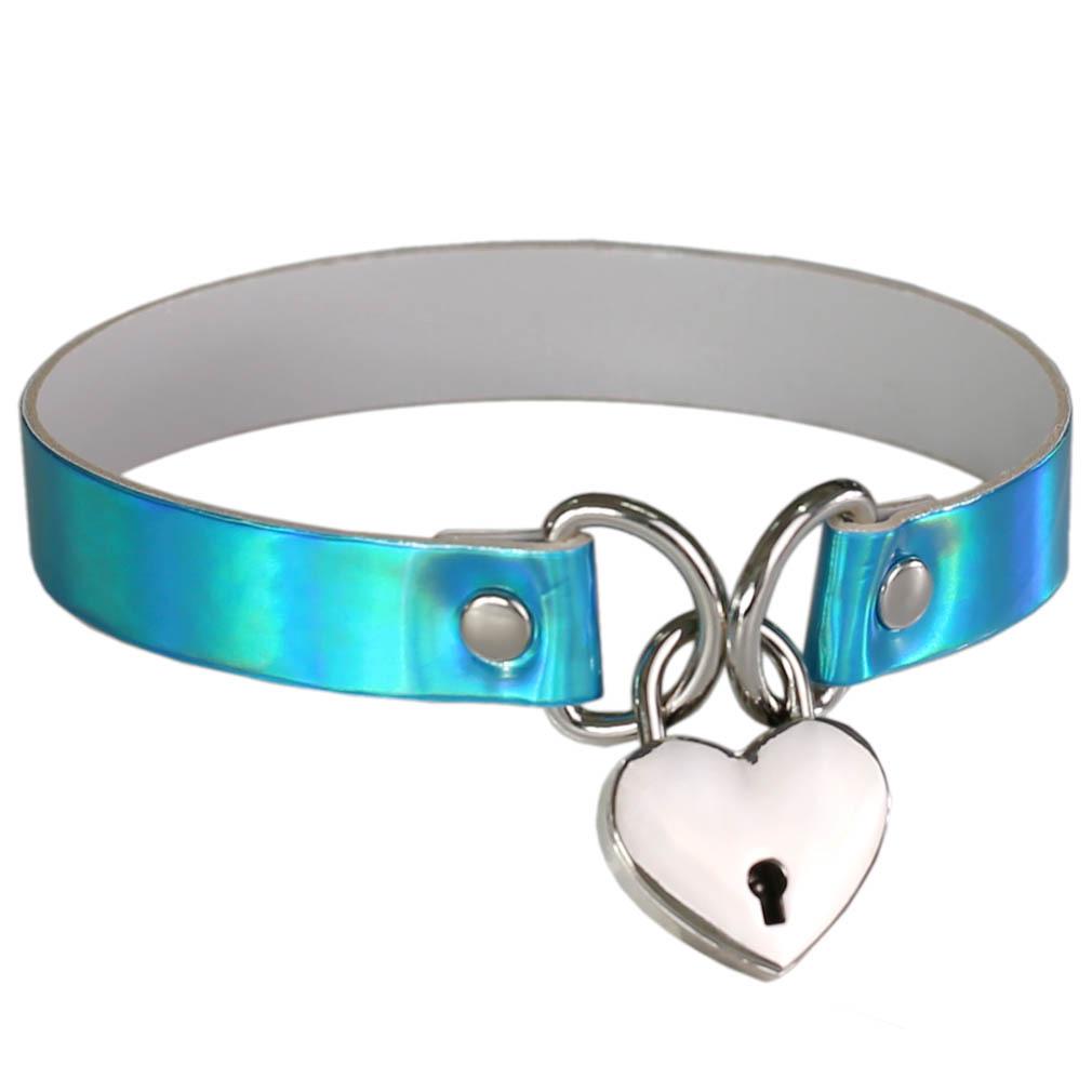 Laser Glow Heart Lock Choker, Punk Luminous Concentric Heart Lock Neckband