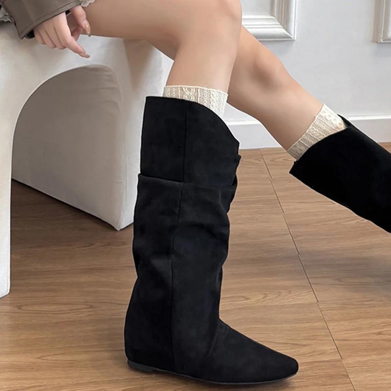 Autumn Winter Pleated Women Western Cowboy Boots Internal Elevation Knight Booties Zapatos De Mujer