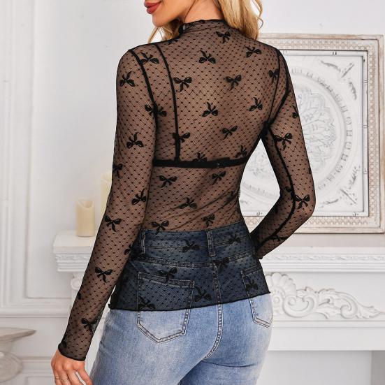 Dámské spodní topy s polovičním vysokým límcem a dlouhým rukávem, průhledné krajkové topy, halenka se vzorem výšivky a mašle pro každodenní nošení