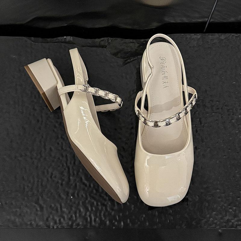 Mary Jane bag head sandals women's summer 2025 new square head thick heel middle heel versatile rear empty diamond belt sandals women