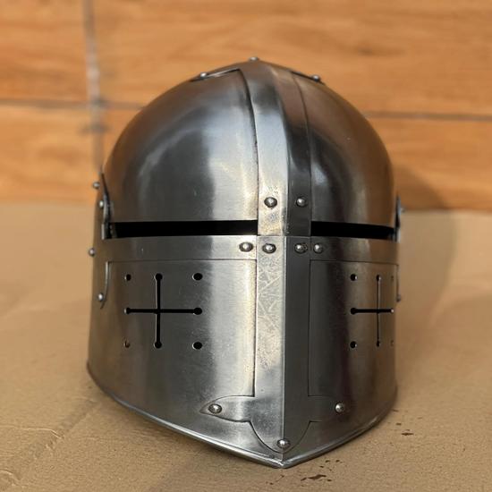 Crusader Helmet Medieval Knight Armor Helmet with Stand LARP Cosplay Halloween Costume Best Gift Halloween Fathersday Gift