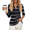 Women's Fashionable Casual Lapel T-Shirt With Striped Patchwork Print Seven Quarter Sleeve Top