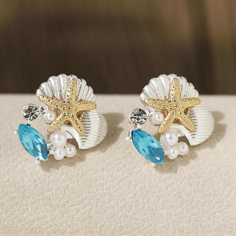 Delicate Blue Crystal Starfish Turtle Earrings for Women Summer Holiday Metal Shell Sea Star Earring Jewelry Girl Gift