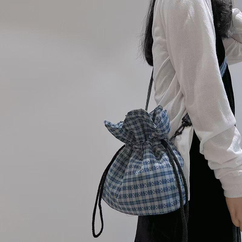 Blue Tricolor Patchwork Check Jacquard Drawstring Shoulder Bag - Versatile Summer Crossbody