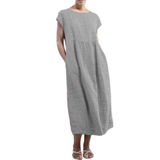 Casual Women Summer Solid Color Short Sleeve Baggy Beach Shift Kaftan Midi Dress