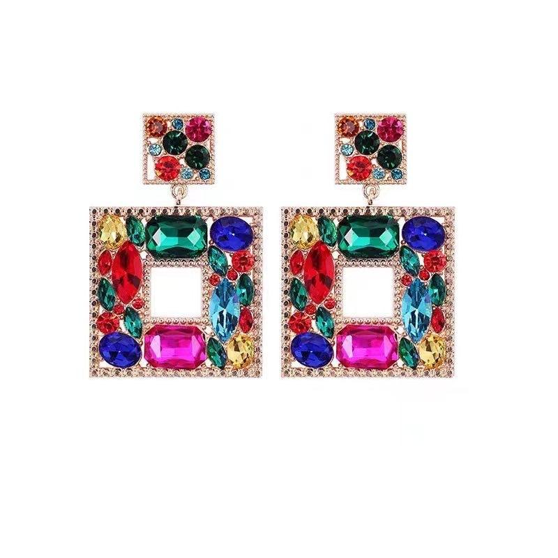 

European and American exaggerated geometric square colored diamond earrings, personality temperament, hollow alloy ear hanging earrings, earrings золотий