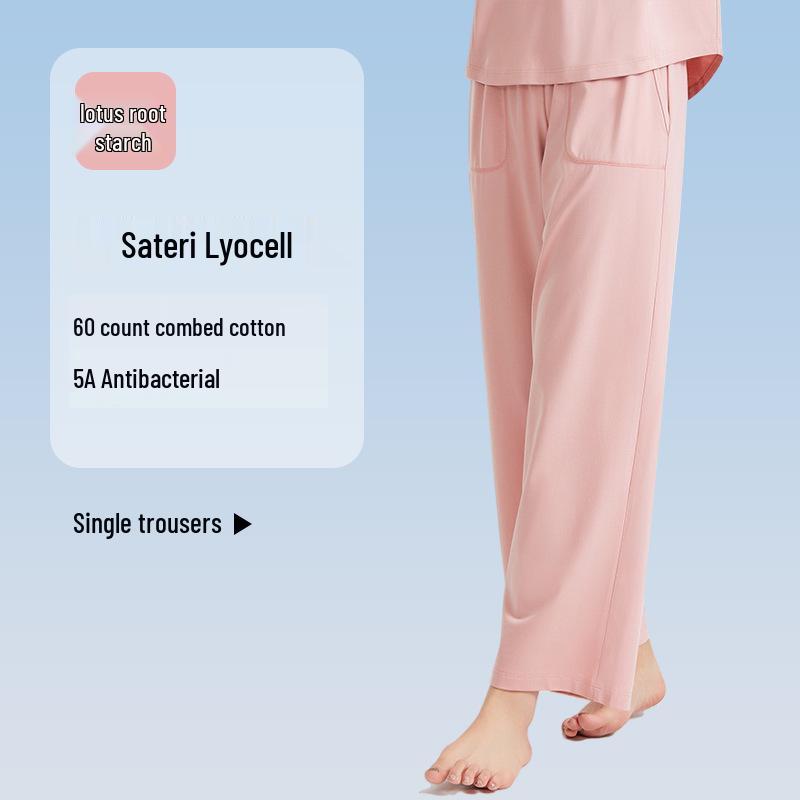 

Женский летний пижамный комплект из ледяного тенселя - Короткий рукав, Длинные брюки, Мягкий хлопок, Антибактериальный XL [up to 80 kg]