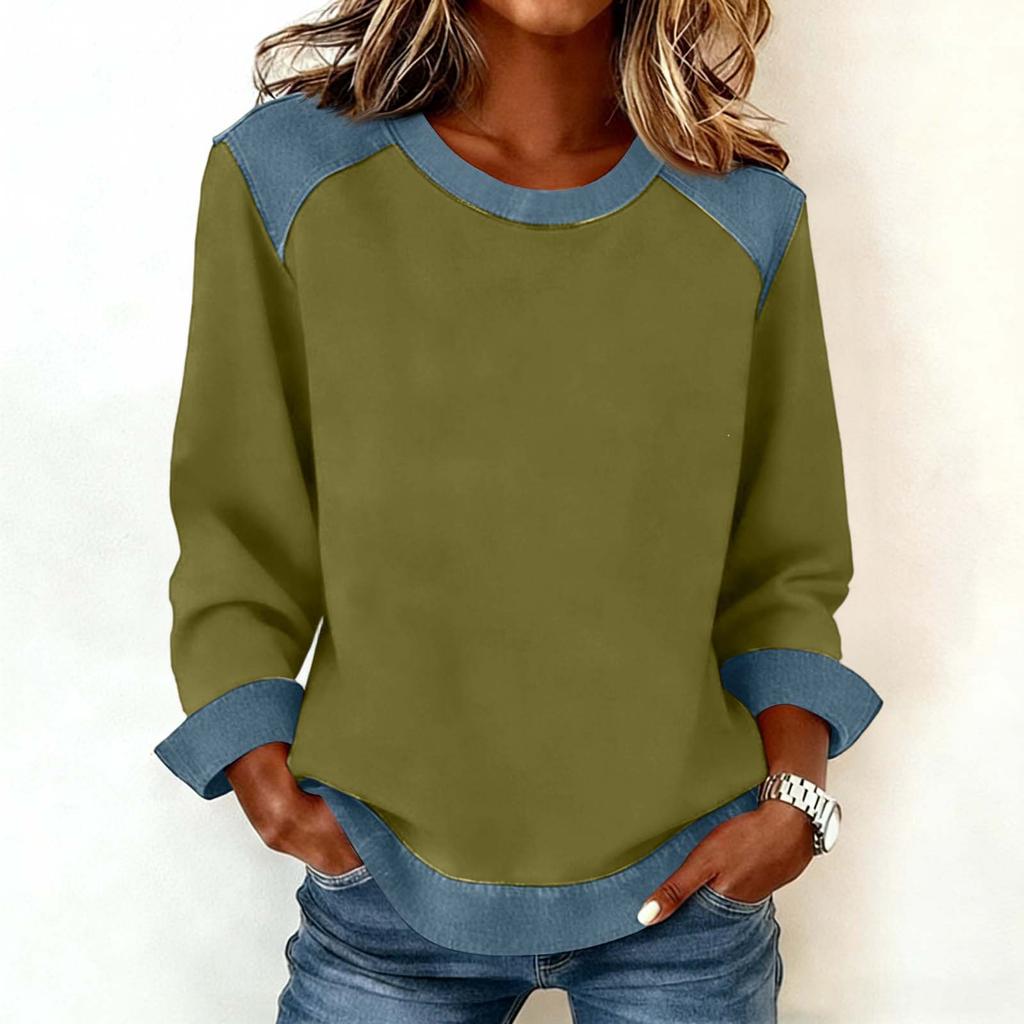Women Denim Collar Patchwork Stitching Sweatshirt Casual  Pullover Long Sleeve Shirts