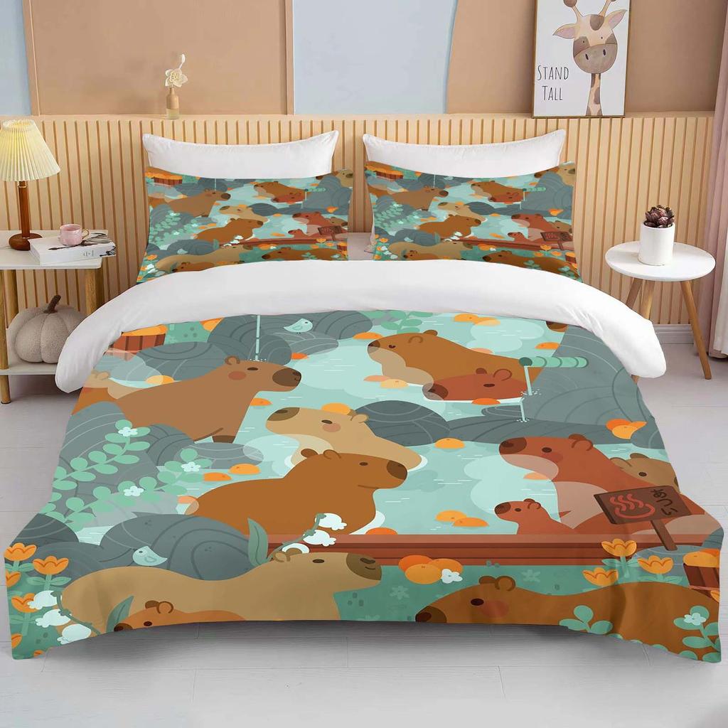 Funny Capybara Printed Bedding Set 1 Quilt Cover 2 Pillowcases Surprise Bedding For Boys And Girls Multiple Sizes Fast Shipping