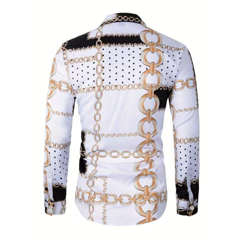 Spring Autumn New Men Long Sleeve 100% Polyester Shirt Tops Chain Pattern 3D Digital Print Business Casual Shirt