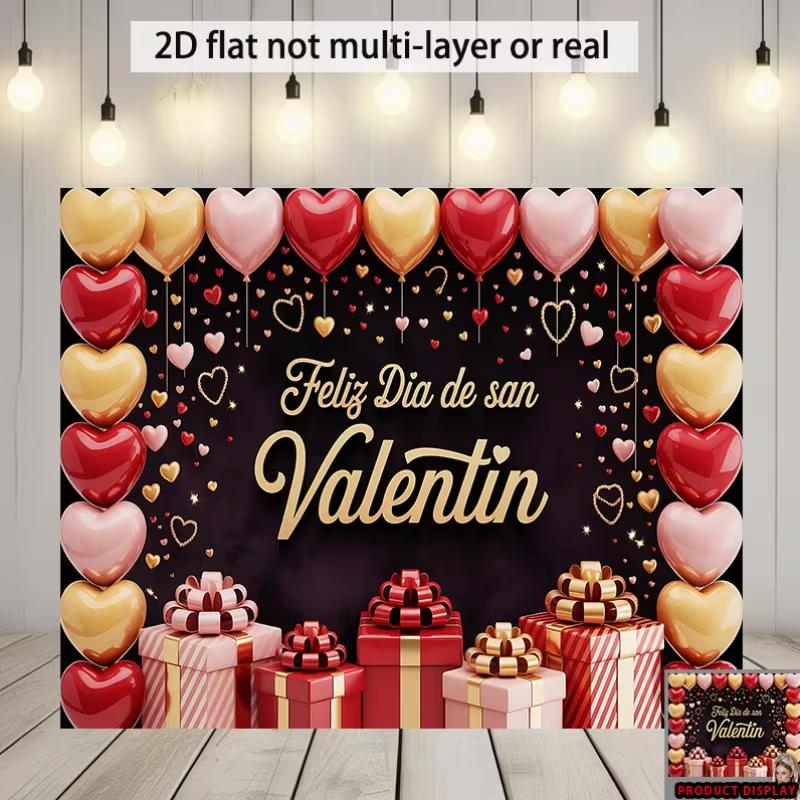 2D Feliz San Valentin Backdrop with Red Gold Hearts, Gifts and Glitter Details Photography Background 47.2x31.5inch/120*80cm