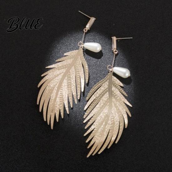 Face Slimming Earrings Fashion Feather Drop Elegant Metal Faux Pearl