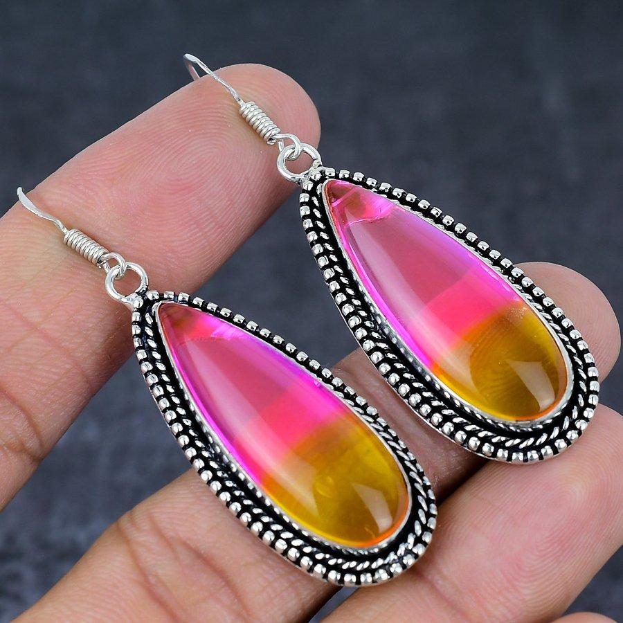 Bi-Color Tourmaline Gemstone 925 Sterling Silver Jewelry Earring 2.44"