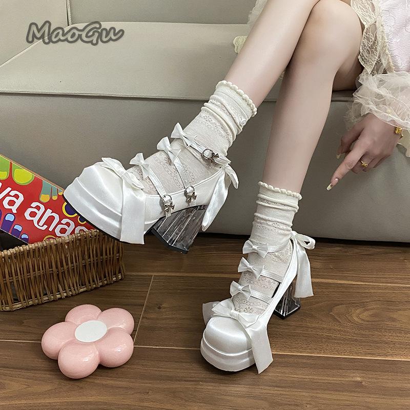 Fashion Elegant Woman Lolita Shoes Cute Sweet Satin High Heels Butterfly-knot Platform Transparent Chunky High Heel Pumps White Black 35