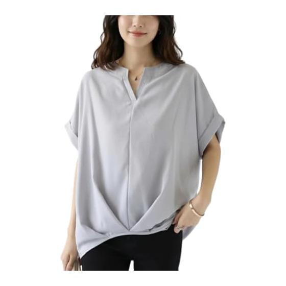 [1/2style] Women s blouse shirt V-neck hem tuck skipper short sleeve roll-up office