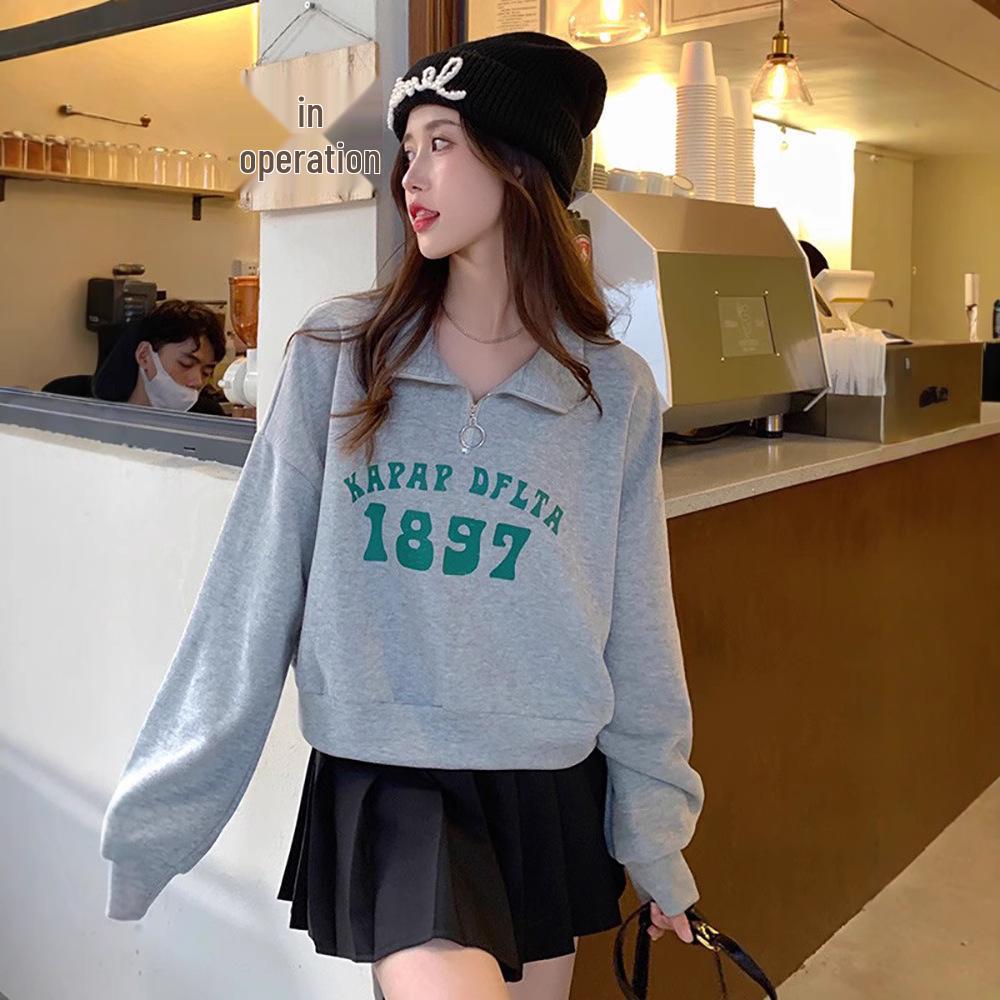 Women's Petite Half-Zip Polo Collar Sweatshirt - American Retro Style for Spring and Autumn