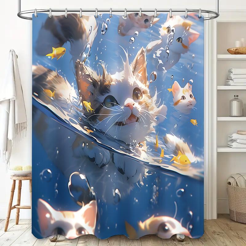 Cute Cat And Fish Shower Curtain For Bathroom - Waterproof And Durable Design Perfect For Home Decor Easy To Clean And Maintain