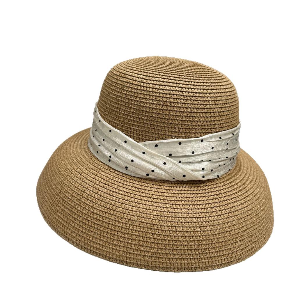 Elegant Polka Dot Ribbon Round Bucket Hat For Women Summer Sun Protection Fashion Outdoor Grass Sun Hat