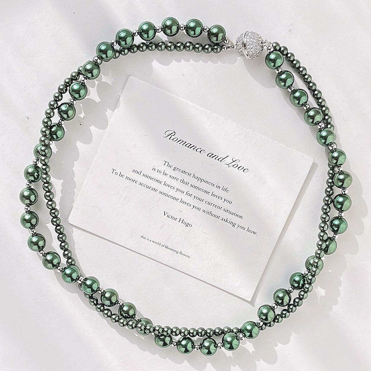 

High Quality Malachite Green Double Wrap Faux Crystal Pearl Necklace Neck Chain Sweater Chain Women