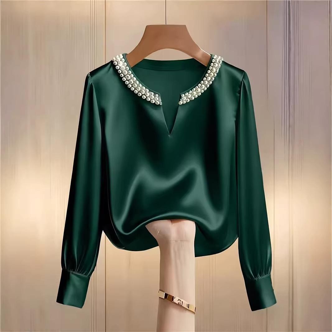 

Women s V Neck Silk Top with Pearl Chain, Off White and Multiple Colors S зелёный
