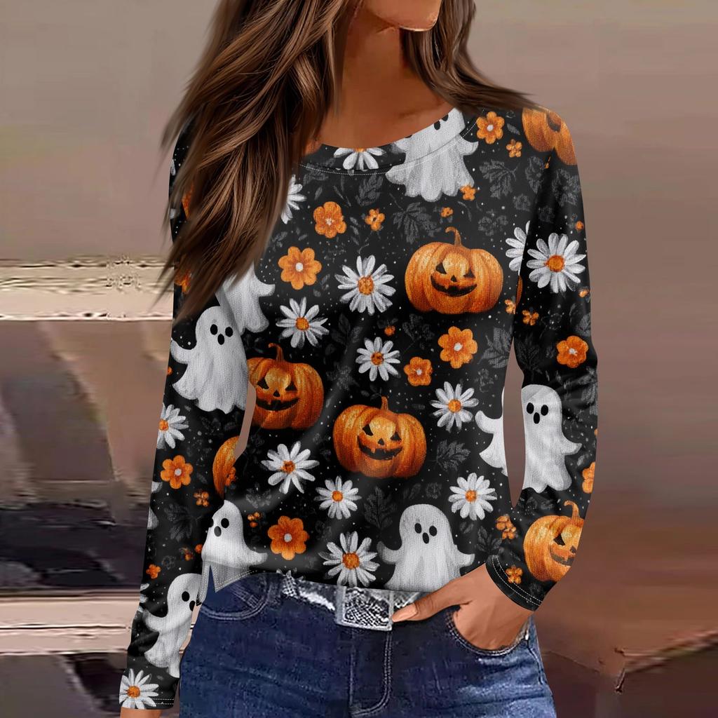 Damenmode Saumschlitz Lässig Halloween-Print Rundhals Langarm Oberteil