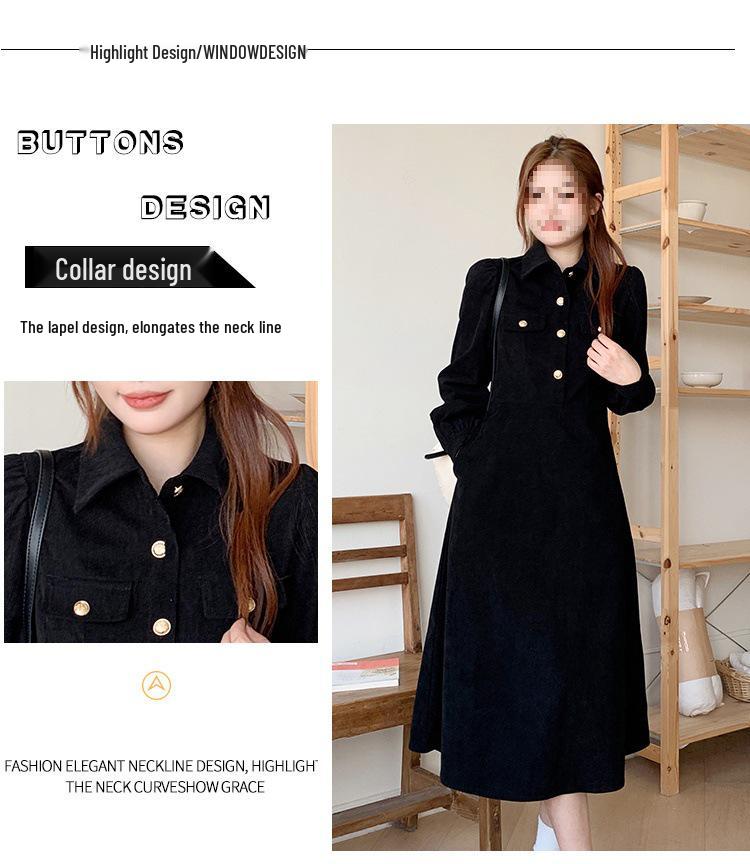 Thickened 300g Corduroy Hepburn-Style Long-Sleeve Dress | Large Autumn/Winter Coffee Break