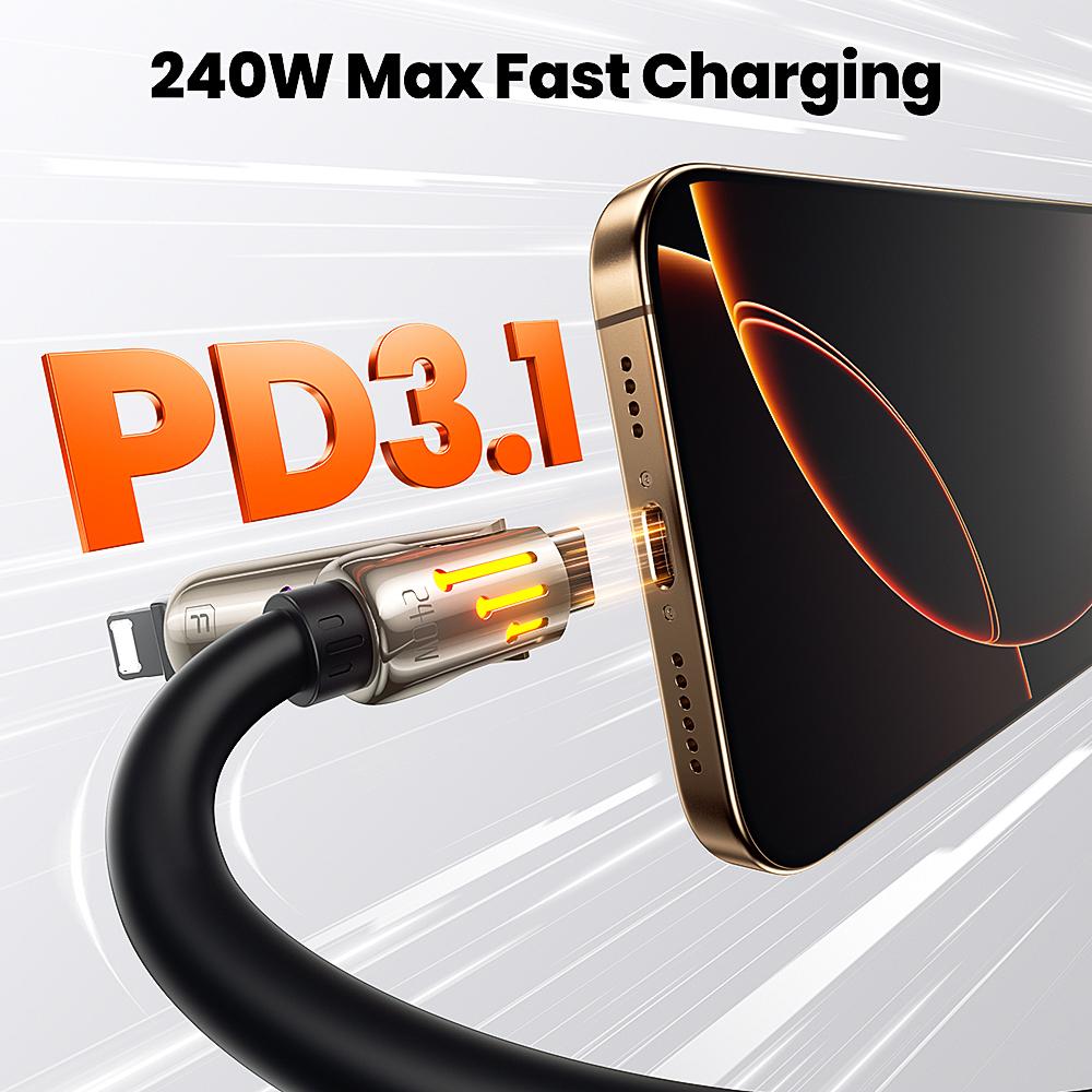 TOOCKI TQ-X103 2m USB-A/USB-C to USB-C/iP 240W Fast Charging Data Cable with Colorful Breathing Light