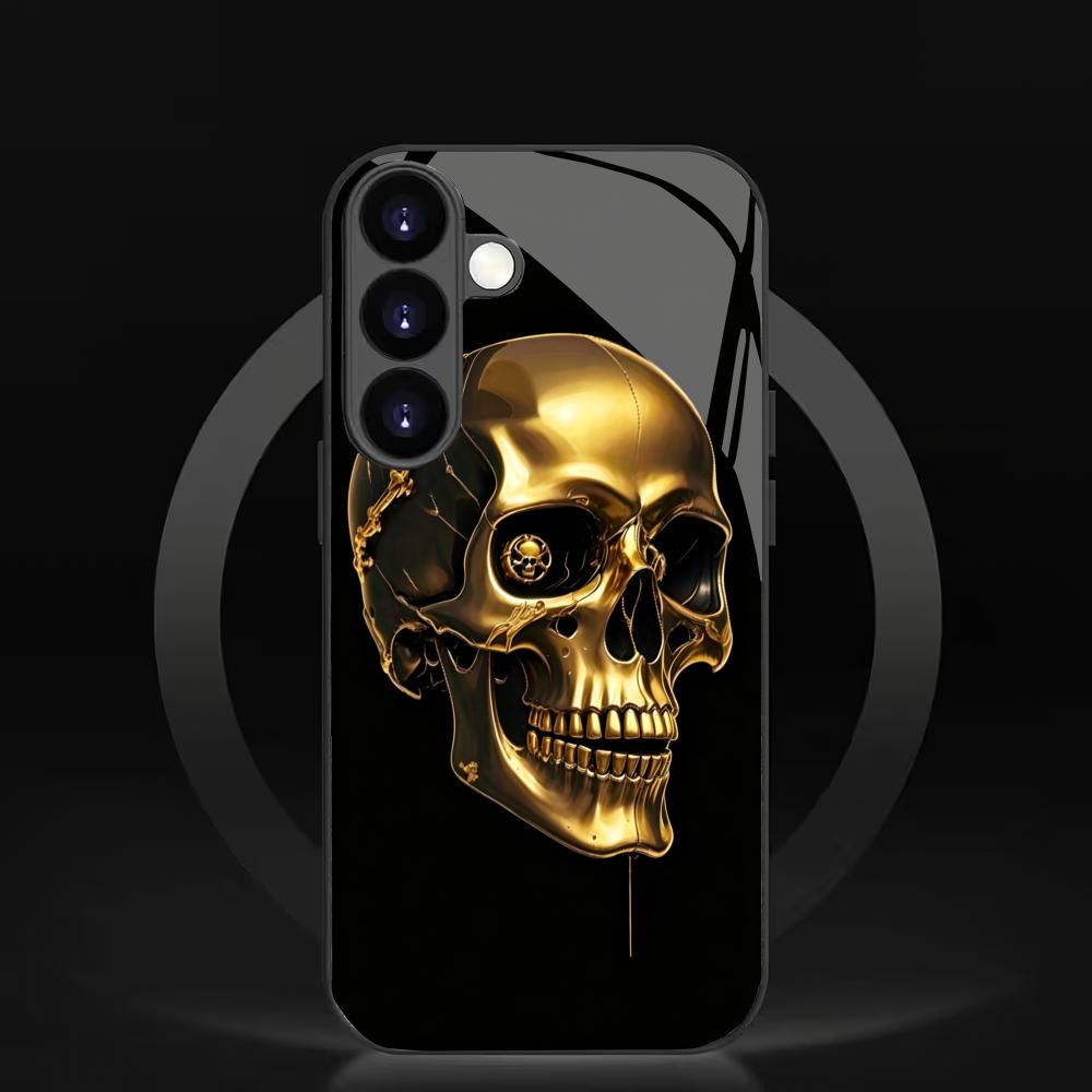 Gold Skull Black Glass Phone Case Suitable for Samsung Galaxy S26 S25 S24 S23 S22 S21 S20 FE/Ultra/Plus Anti Drop Back Cover