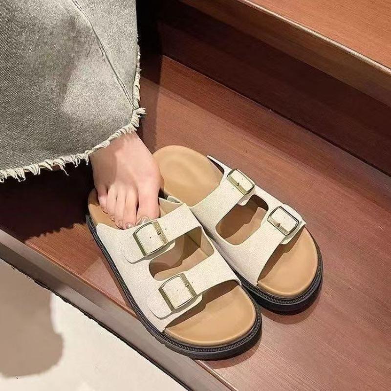 Summer new flat bottom one word with square buckle thick bottom beach wear cool slippers women