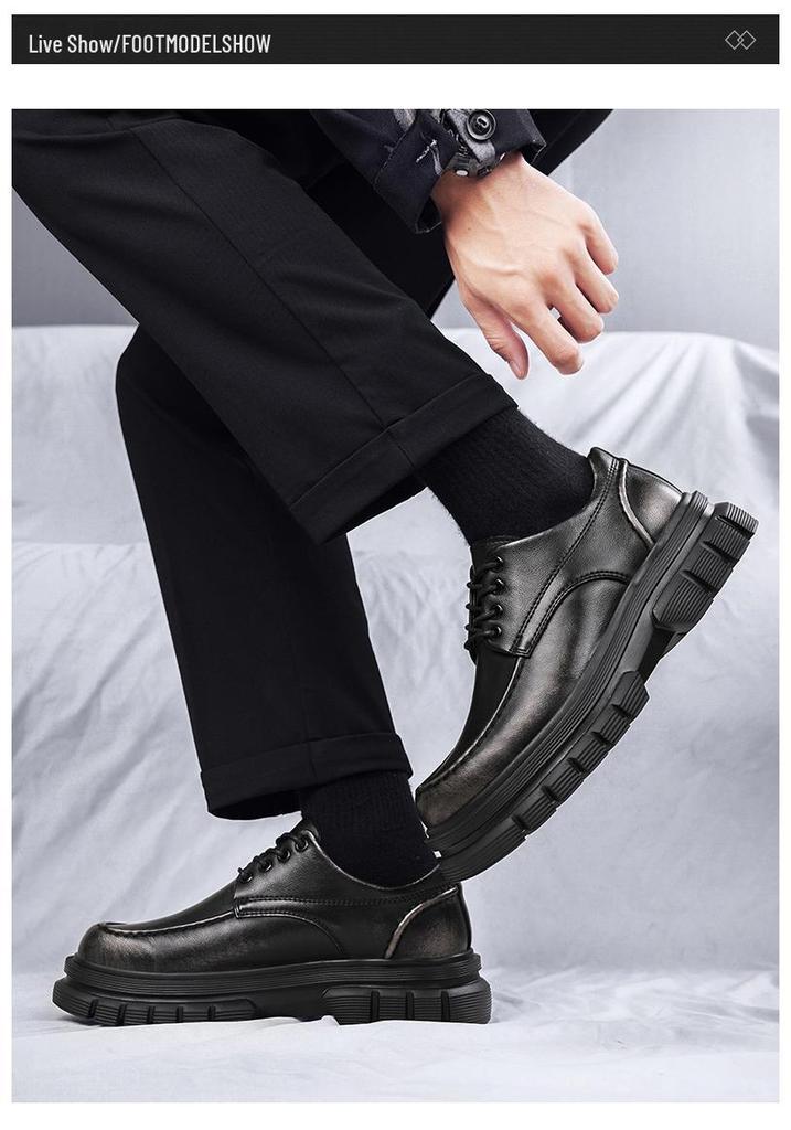 Men's Spring Casual Leather Derby Shoes with Thick, Lightweight Sole for Height Increase