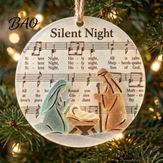Christmas Fireplace Hanging Ornaments Sea Glass Hymn Ornaments, Handmade Music Sheet Nativity Decoration, Holiday Party Supplies Acrylic Art Christian