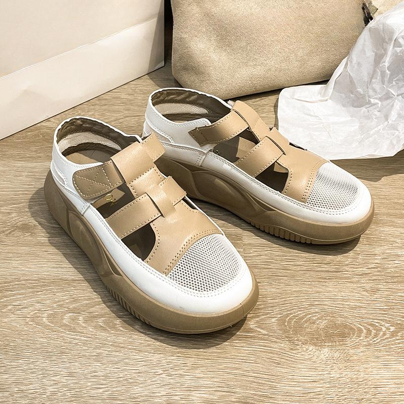 Hollow Out Summer Women's Shoes Middle Heel Waterproof Platform Sandals White Leather Thick Heels Soft Soles Half Drag Indoor